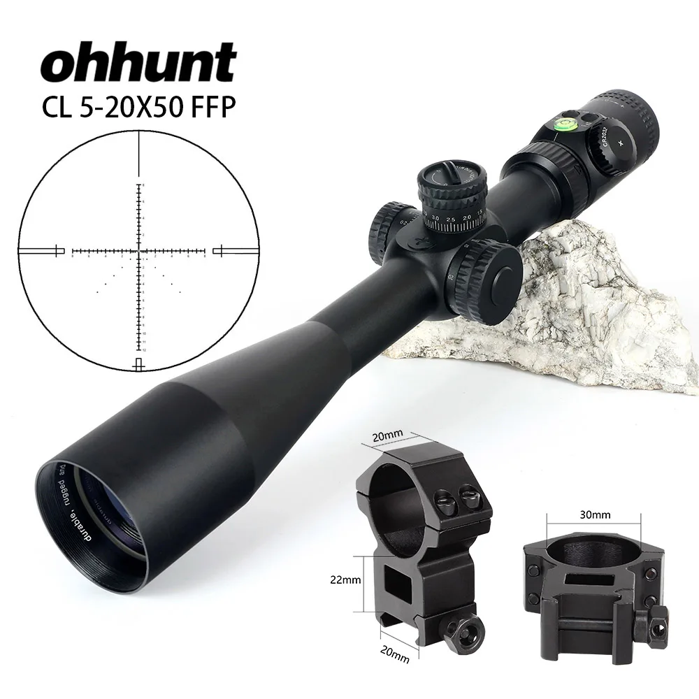 Ohhunt CL 5-20X50 FFP первый фокальный самолет охотничий прицел боковой Параллакс стекло гравированное сетка замок сброс область с пузырьковым уровнем - Цвет: with Picatinny Rings