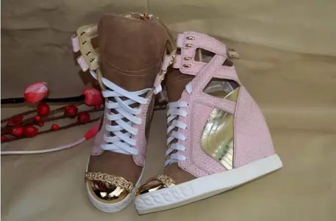 

Patchwork Height Increasining Women Casual Shoes Wedges Sneakers Genuine Leather Metal Toe Pink Lace Up Platform Shoes Women