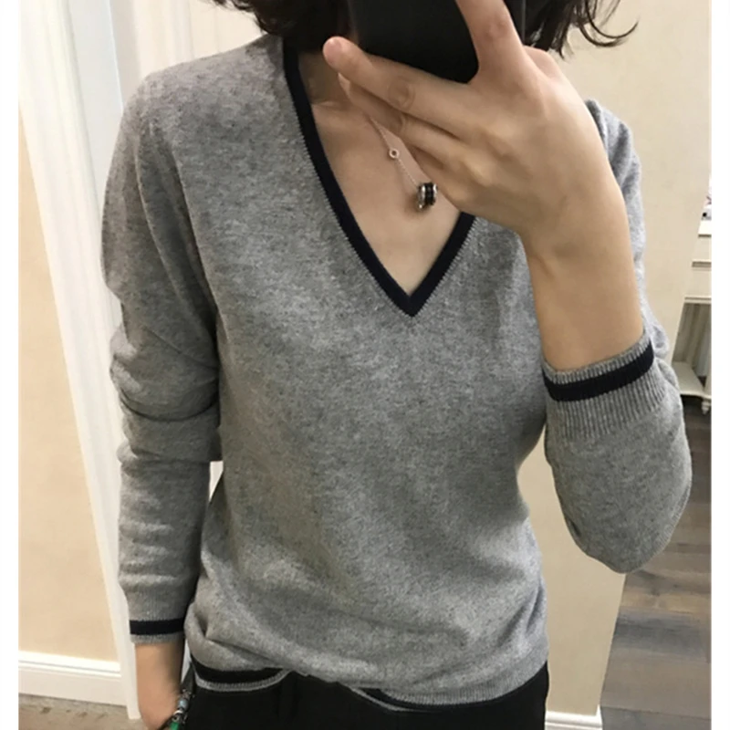 

2019 High Quality Cashmere Sweater Women Autumn Pullover Solid Knitted V-neck Sweater Outerwear Tops Female Fashion Sweater