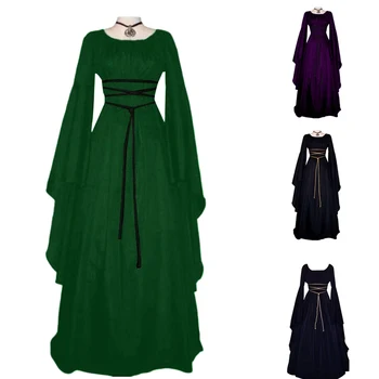 

Women Long Sleeve Round Neck Party Maxi Belt Dress Halloween Cosplay Costume