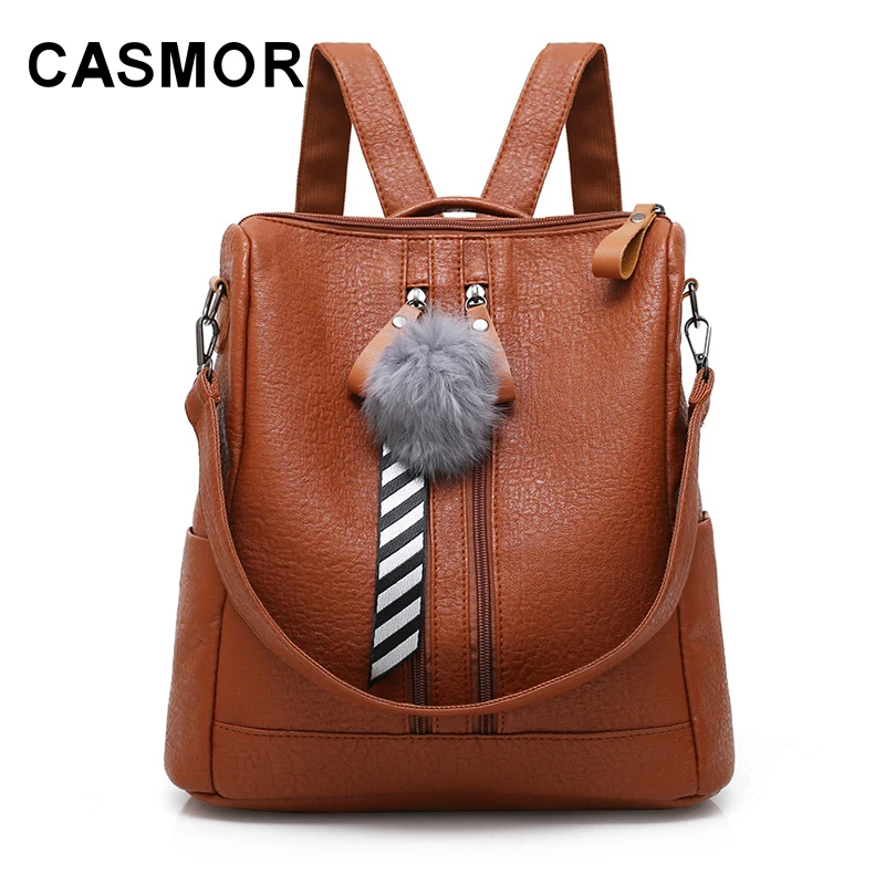 

CASMOR 2018 Fuzzy Ball Preppy Style Leather Backpack College Simple Design School Bag For Women Casual Daypacks mochila male