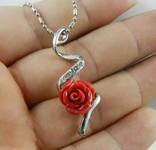 

FREE shipping> >>>> 12mm Red Sea Coral Carved Flower Pendant Necklace 18"AAA Grade