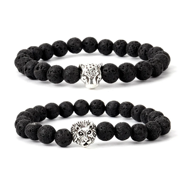 

Hot Trendy Black Lava Natural Volcanic Stone Helmet Cross Lion Leopard Head Charm Bracelets For Men Women Yoga Bracelet Jewelry
