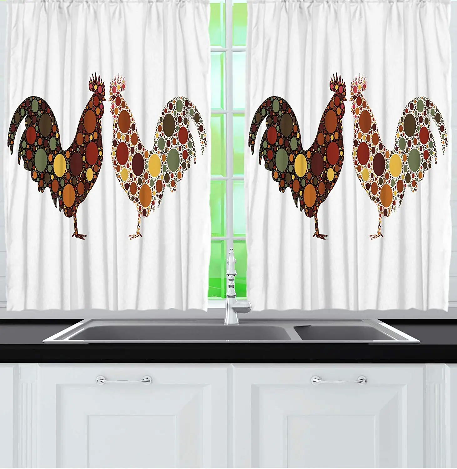 

Kitchen Curtains Rooster in Polka Dots Country Decor Curtains for Kitchen Windows Brown Rustic Decorations Farmhouse Themes