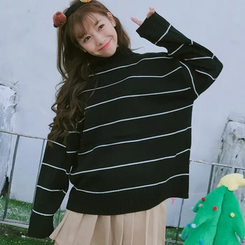 

Women's Sweaters Kawaii Ulzzang Winter High Collar Striped Thick Loose Sweater Female Korean Harajuku Jumper Clothing For Women