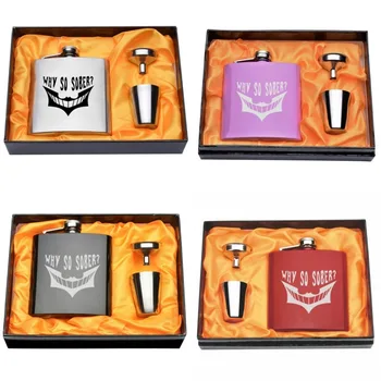 

A Set Engraved Stainless steel 6oz Why so Sober Hip Flask Set Funnel+2 Cups Yellow lining Box For Friend Father Party Gift Decor