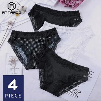 

Attraco Original Women Tanga Thong Hipster Pantie Underwear 4 Pcs Soft Stretch Cueca Calcinha Lace Edge Cotton Crotch Breathable