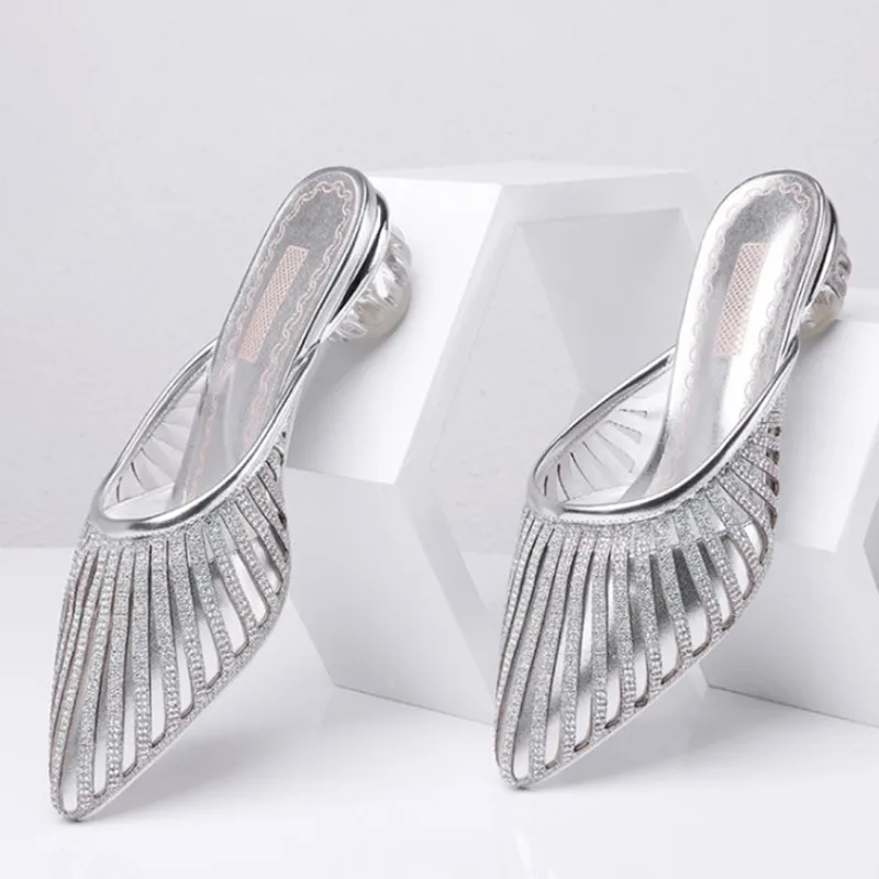 

New Brand Rhinestone Shoes Women Loafers Summer Shoes Genuine Leather High Heels Strange Clear Heel Women Sandals Pointed Toe