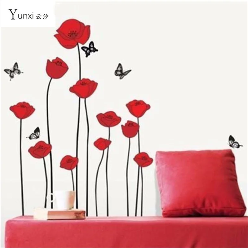 YunXi RED POPPY Removable Wall Decals Home Decor Art Flower Vinyl Mural
