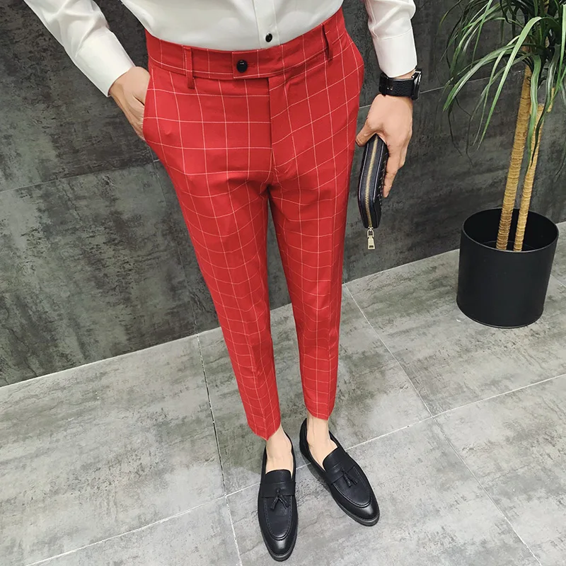 Мужские клетчатые брюки Pantalon красные офисные облегающие зеленого и черного