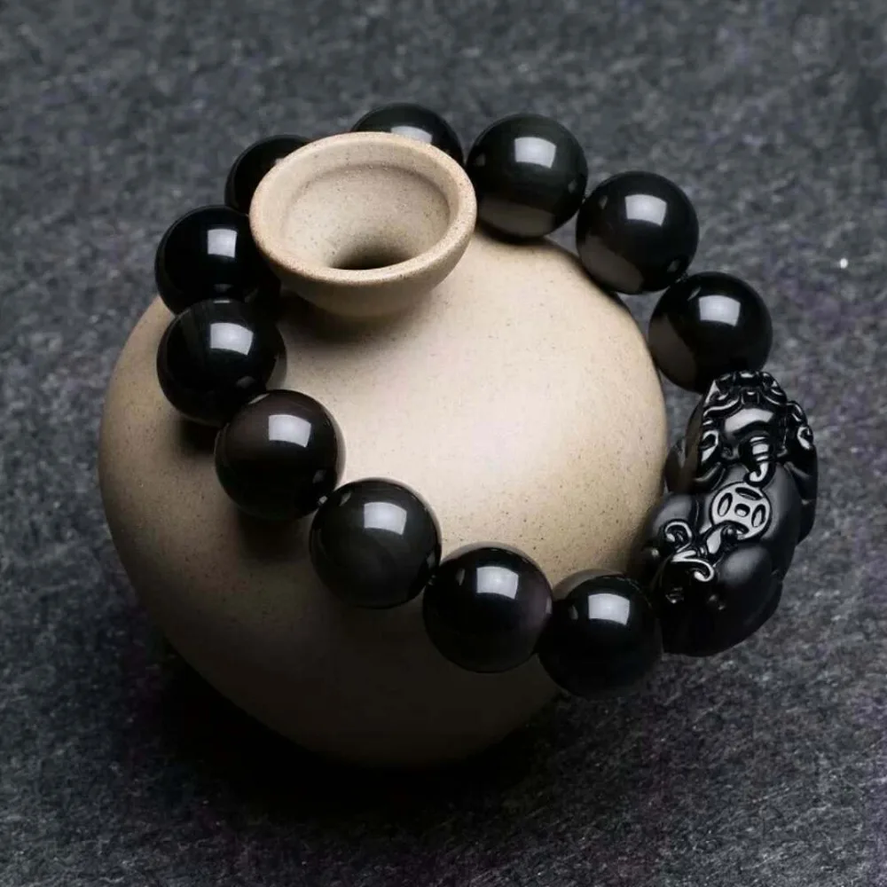 

Natural Black Obsidian Gemstone Colorful Woman Man Round Beads Pi Xiu Bracelet AAAAA Drop Shipping 10mm 12mm 14mm 16mm 18mm