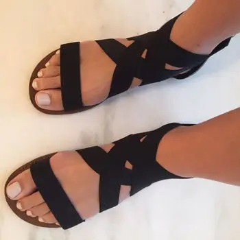 

Large Size Flat Bottom Cross Elastic Zipper Roman Sandals Female Soft Bottom Summer Shoes Woman Sandalias De Verano Para Mujer