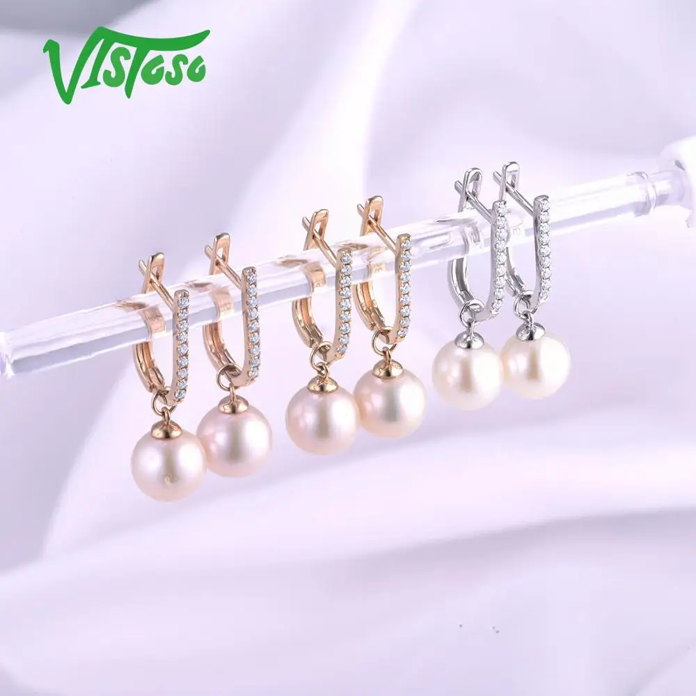 Серьги VISTOSO Pure 14K 585 желтый/белый/розовое золото для женщин, сверкающие бриллианты, Пресноводный Жемчуг, уникальные трендовые ювелирные изделия