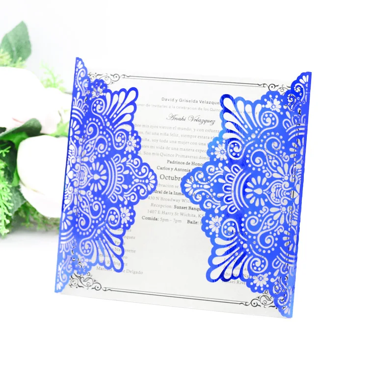 Luxury royal blue laser cut gate wedding invitation cards