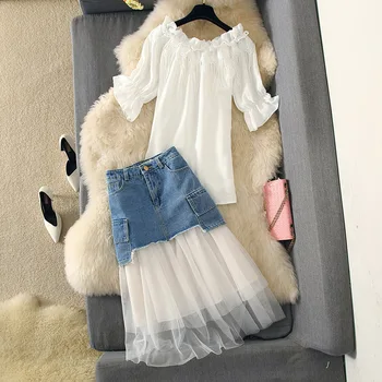 

Fashion Girls Skirt Two Piece Suit Summer Fringe Lotus Leaf Edge White Chiffon Shirt+ Mesh Spliced Jeans Long Skirts Womens Set