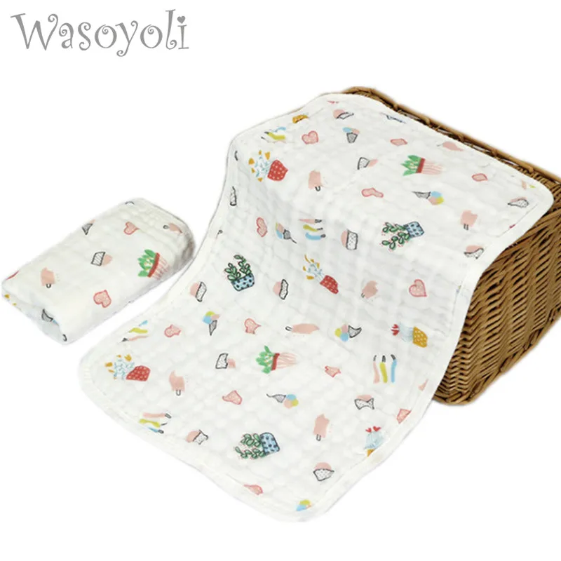 

1 Piece Wasoyoli Colorful Printed Burp Cloths 30*50CM With Hanging And Edge 100% Muslin Cotton 6 Layers Handkerchief Soft Towel