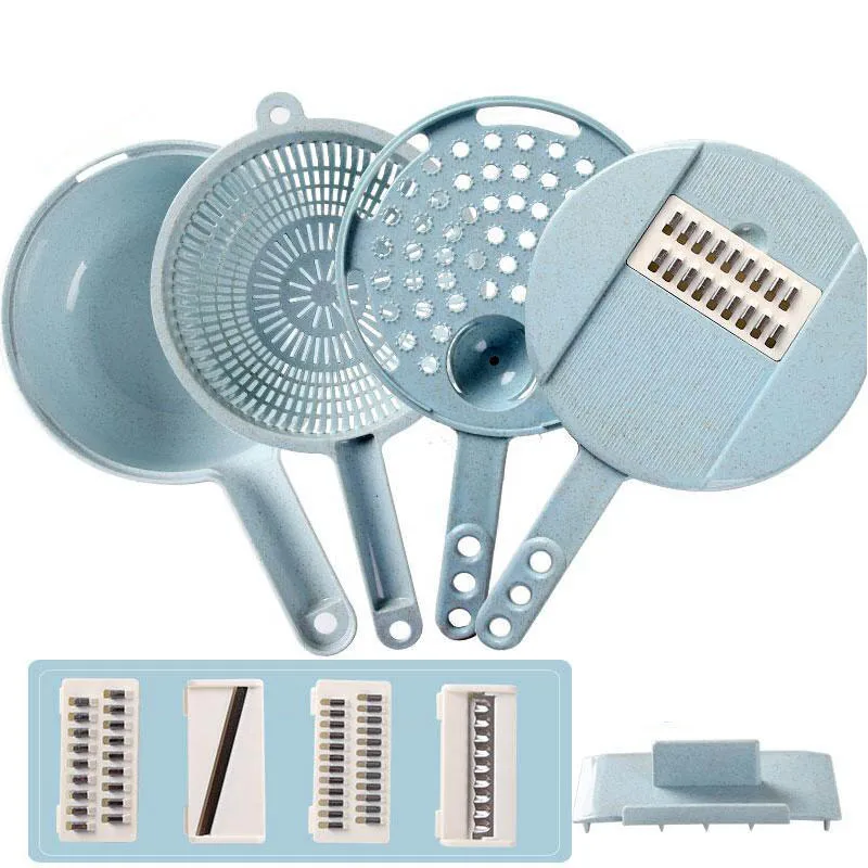 

8 in 1 Vegetable Cutter Manual Kitchen Gadgets ECO Wheat Straw Drain Basket Garlic Shredder French Fries Slicer Egg Divider 8PCS
