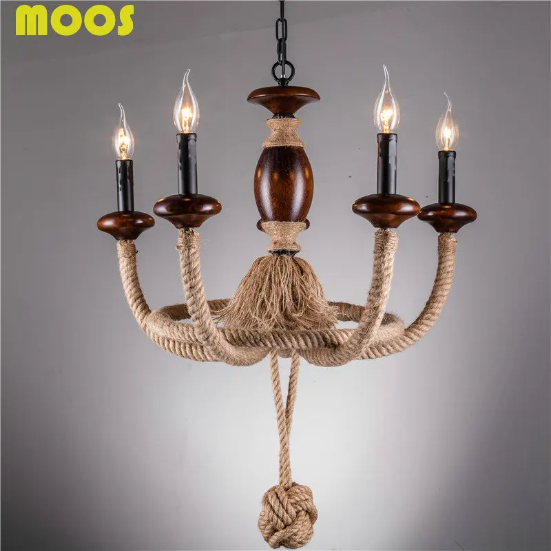

Vintage Loft Hemp Rope Wood Pendant lights with 5/6/8 Candle Bulbs Light America Creative Art Bar Cafe Parlour light fixture