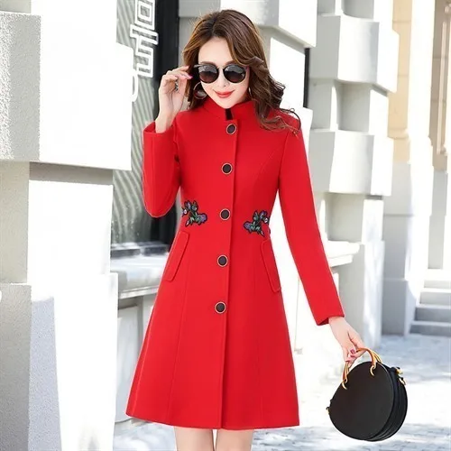 Зимнее женское Шерстяное Пальто, однобортное, осень, длинный рукав, стоячий воротник, тонкое длинное пальто, высокое качество, шерстяное пальто - Цвет: red