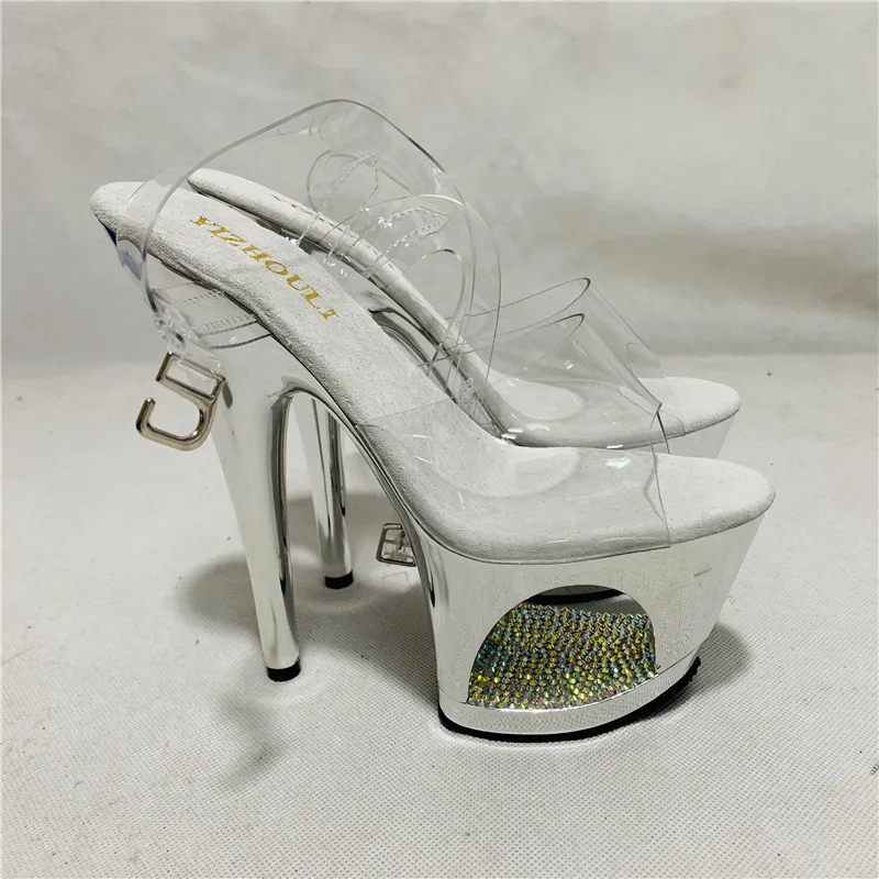 

17 cm electroplated hollow waterproof platform with high-heeled buckle sandals, stage show dancing shoes