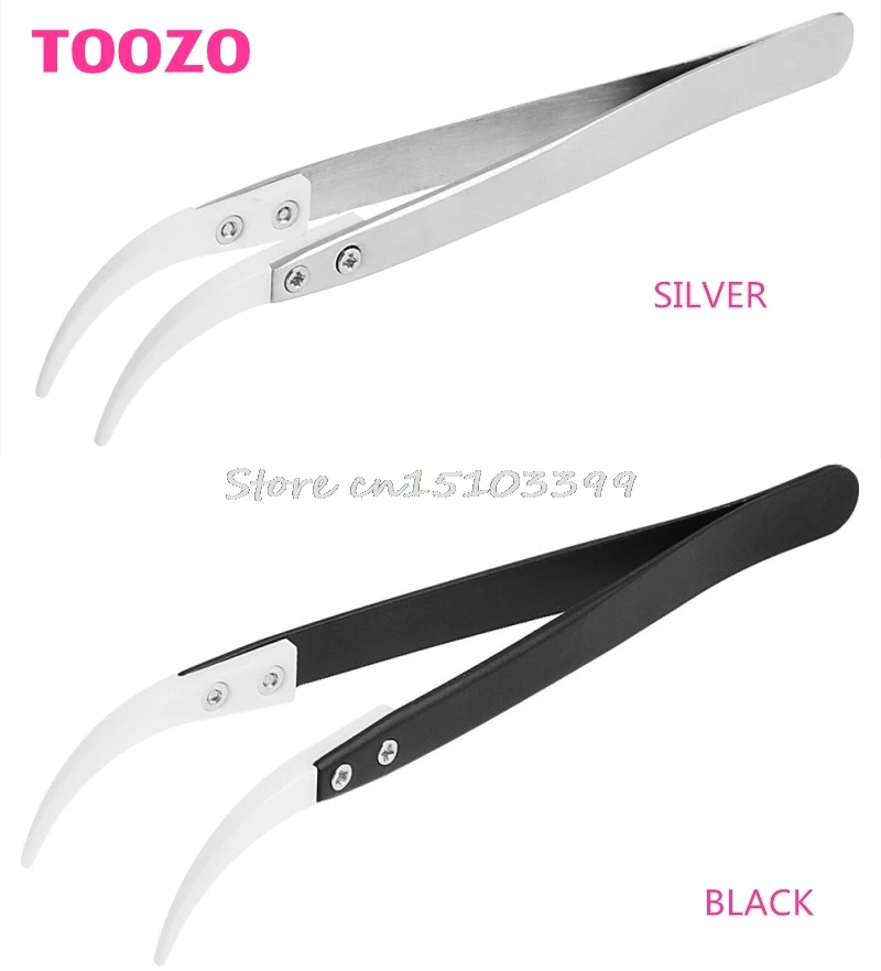 

Stainless Steel Handle Ceramic Heat Resistant Tip Curved Tips Tweezers Black/Silver G08 Drop ship