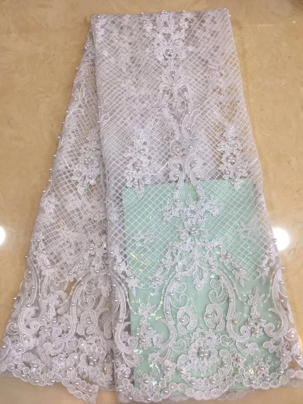 

hot selling! African lace fabric 2018 embroidery white color lace fabric.Nigeria lace for wedding dress With the beads