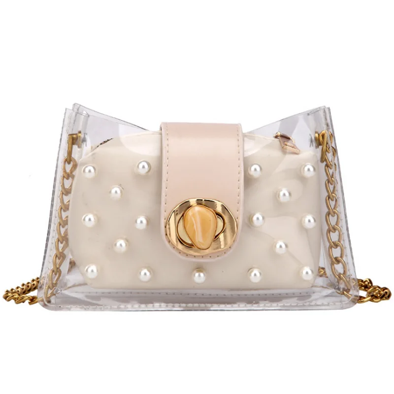 

Summer New Small Square Bag Wild Shoulder Messenger Bag Chain Pearl Transparent Bag