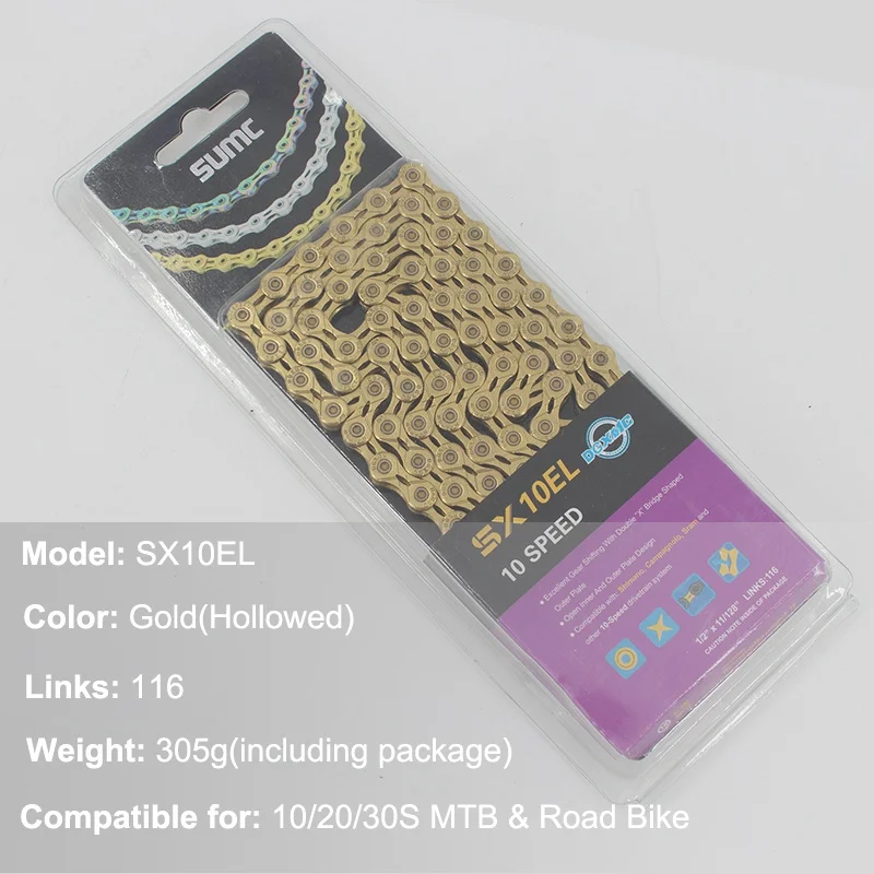 Красочные полые MTB шоссейные велосипедные цепи 116 звенья, велосипедные цепи из нержавеющей стали 6 7 8 9 10 11 12 Скоростей, цепь для горного велосипеда - Цвет: 10S SX10EL Gold H