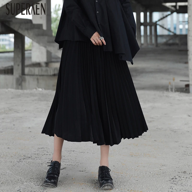 SuperAen/Новинка года; сезон осень-зима; Женская плиссированная юбка с эластичной резинкой на талии; повседневные женские однотонные юбки; Модная европейская юбка