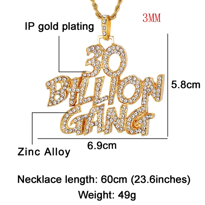 US7 полный со стразами буквы Bling льдом Rope Chain, подвески и ожерелья для Для мужчин ювелирные изделия из золота Цвет - Окраска металла: pendant 3mm chain