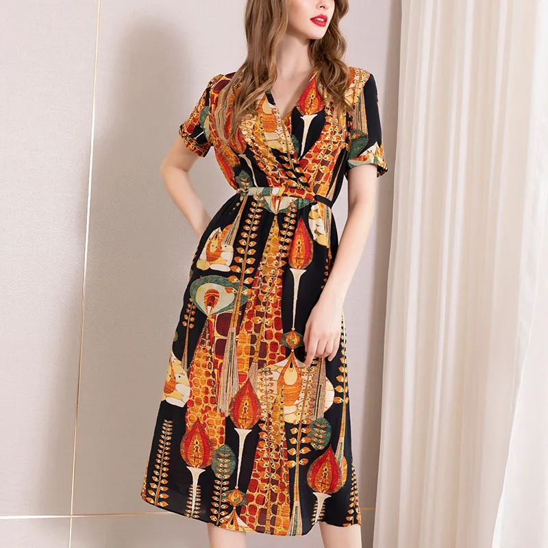 

PIXY Orange Print Summer 100% Silk Dress Women Wrap V Neck Midi Dresses High Waist Ladies Casual Beach sukienka Luxury vestidos