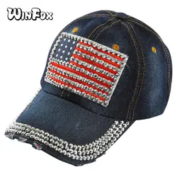 Winfox американского флага со стразами деним Бейсбол Кепки s Для мужчин Для женщин установлены Кепки хип-хоп Повседневное Bone Trucker Gorras Snapback