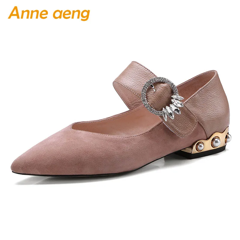 

2019 New Genuine Leather Women Pumps Low Square Heel Pointed Toe Crystal Buckle Fashion Women Kid Suede Shoes Pink Mary Janes
