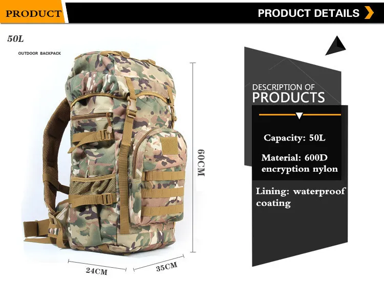 Mochila de Acampamento Viagem dos Homens 50l ao ar Livre Militar Tático Grande Capacidade Bolsas Montanhismo Bolsa Caminhadas Mochila Mod. 1257083 2 50l ao ar livre militar tático mochila