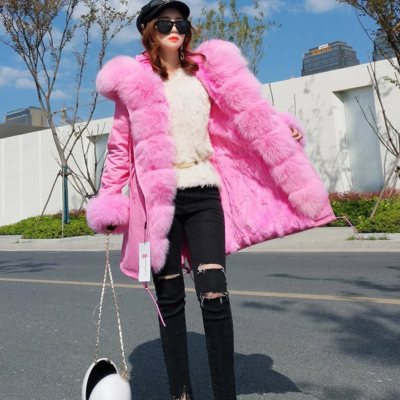 

2019 New Women Long ArmyGreen Camouflage Winter Jacket Outwear rabbit Parkas Natural Real Fox Fur Collar Hooded Coat Pelliccia