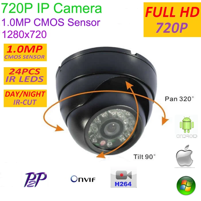

New type1280*720P H.264 1.0 Megapixel HD ONVIF IP Camera P2P Indoor 24pcs IR LEDs IR-CUT Night Vision Network Dome Camera