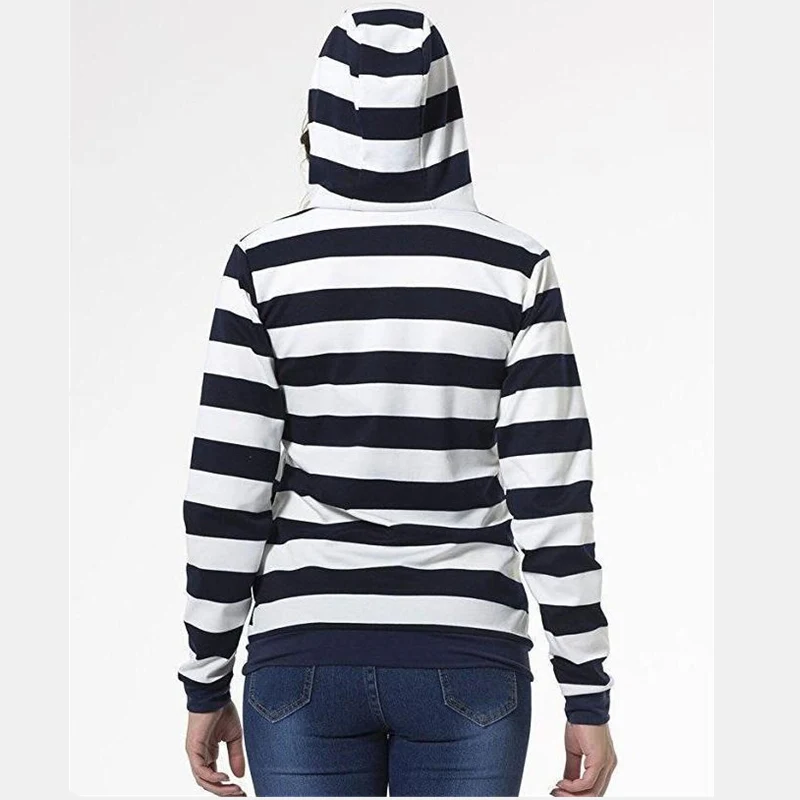 2019 Autumn Women Striped Hoodies Sweatshirt Long Sleeve Hooded Zipper Pockets Jackets Casual Plus