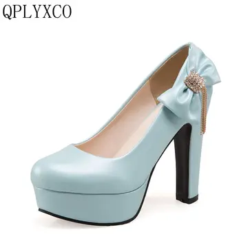 

QPLYXCO New Super big size 34-50 shoes 4 Colour Pumps Women round toe high heels sweet party wedding shoes factory sale 3123