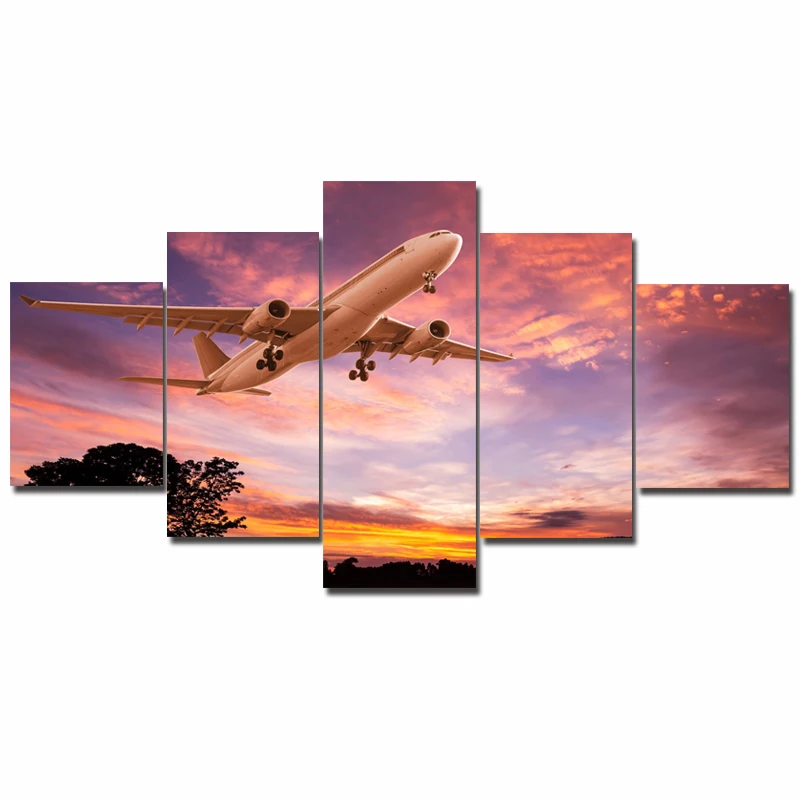 Tableau настенные художественные картины холст HD плакаты 5 Панель Закат самолет полет пейзаж современные печатные картины модульный домашний декор