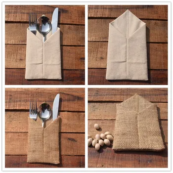 

50/100pcs Country Wedding Table Silverware Holder Natural Burlap Cutlery Pockets Fork Pockets Rustic Wedding Decor Centerpieces