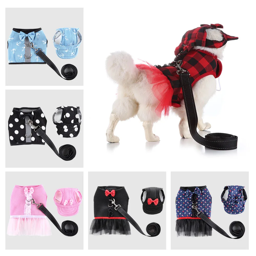 

Pet Dog Harness Set Dress Leash Cap 3 In 1 No Pull Reflective Vest Walking Leashes For Small Medium Dogs Chihuahua Puppy