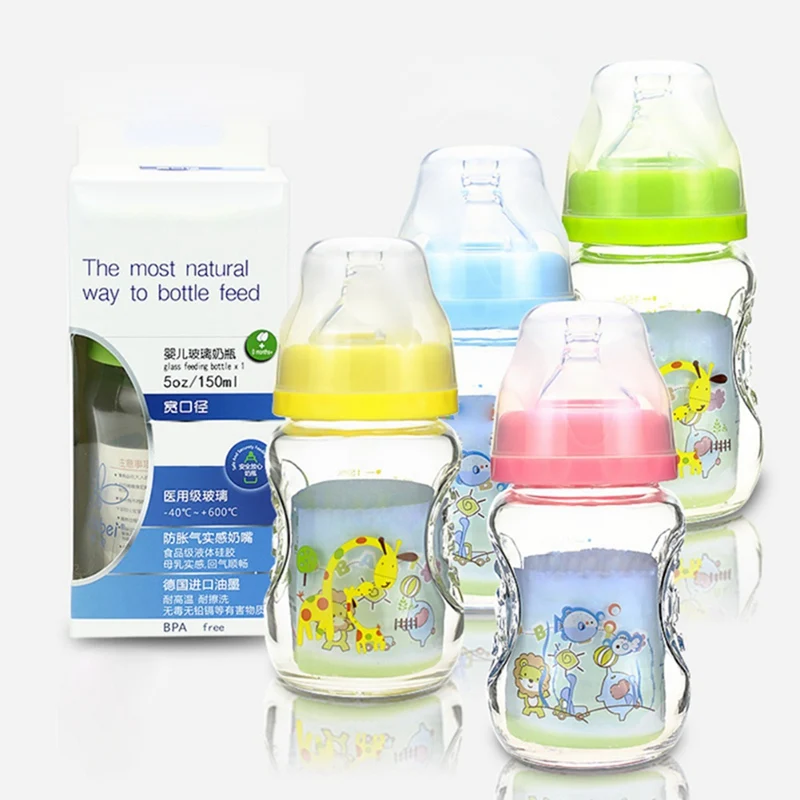

Hot New 150ML Baby Cartoon Glass Milk Wide Mouth Bottle Juice Bottle Baby Drink Baby Milk Bottle BPA Free