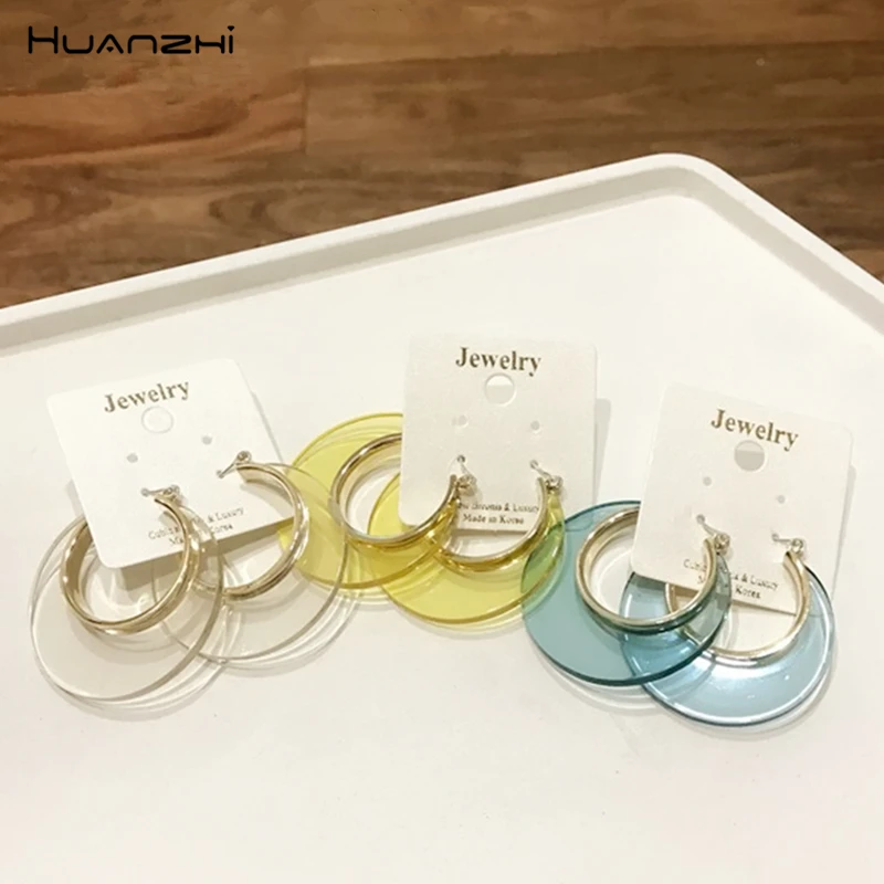 

HUANZHI Korean 2019 New Transparent Acrylic Colorful Geometric Crescent Shape Hoop Earrings for Women Girl Party Travel Jewelry