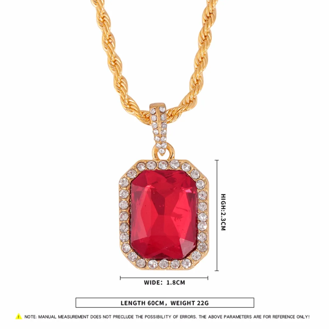 Ювелирные изделия в стиле хип-хоп, мужское ожерелье с красным кристаллом, витая Золотая цепочка, Геометрические Квадратные стразы, подвеска на цепочке, женское длинное ожерелье