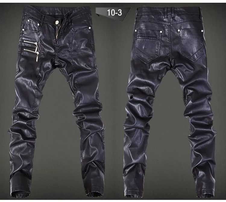 MIXCUBIC, модные обтягивающие кожаные брюки с черепом, мужские повседневные обтягивающие кожаные брюки с отворотом, Мужские штаны, 28-36 - Цвет: 3