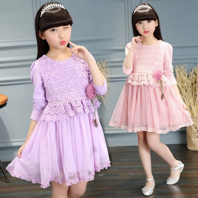 2017 Girls Dress long sleeve One Piece Flower Lace Ruffles Wave