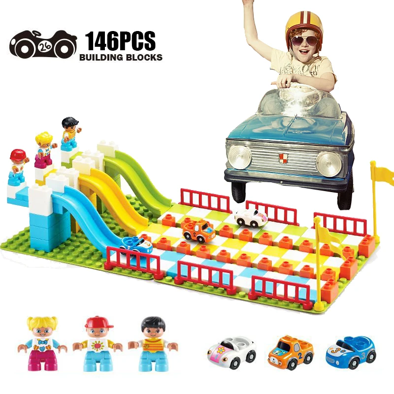 

146 PCS Racing Car Track Building Blocks Toy DIY Slide Assemble Bricks Compatible Legoingly Duploed Bricks Set Toys for Children