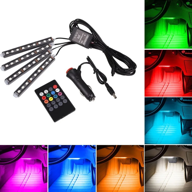 

EURS 4pcs/sets RGB LED Car Interior Lighting Kit styling interior decoration atmosphere light and Wireless Remote music Control