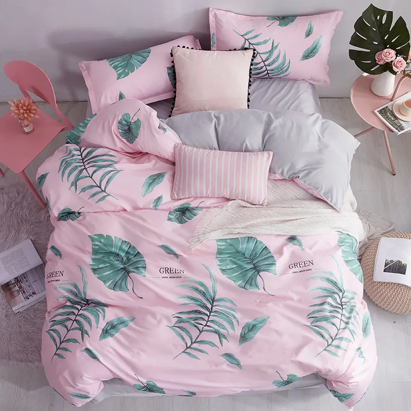 

Pink Color Girls Bedding Set Green Leaf Pinted Double Bed Linen Sets Floral Style 3/4pcs Queen Size Bedding Set King Size