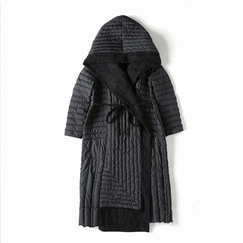 LANMREM Зимняя Новая модная женская высококачественная черная тонкая куртка с капюшоном на повязке на талии льняное пальто YE816 - Цвет: black